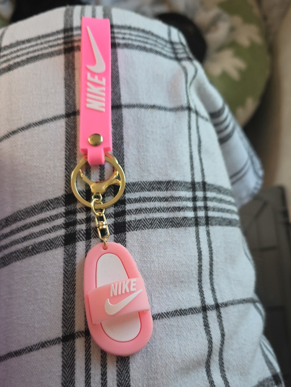 Nike Pink Silicone Slide Keychain with Gold Ring